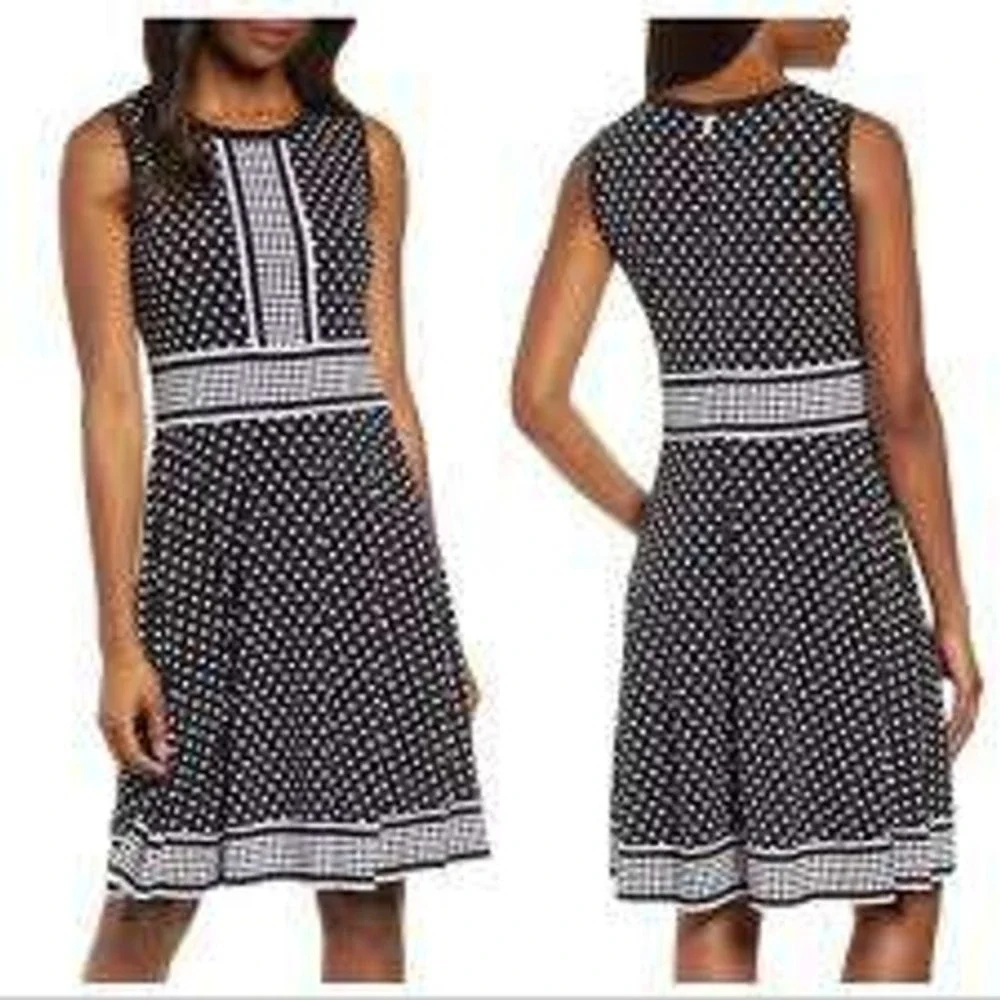 Michael Kors Polka Dot Dress Petite Small Black White Fit Flare Sleeveless P/S